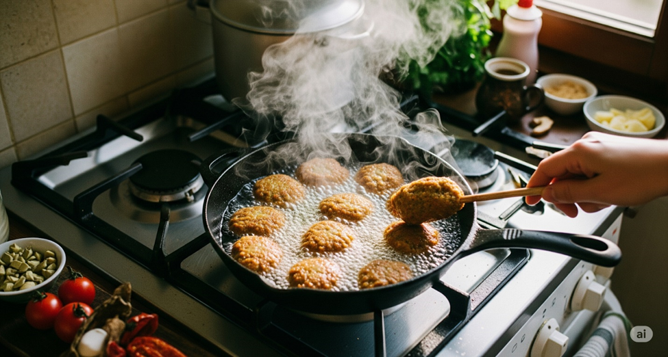 Frying the falafel 