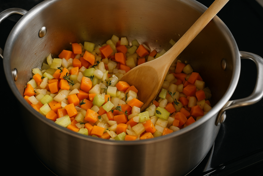 Cook onion,carrot,,celery dish