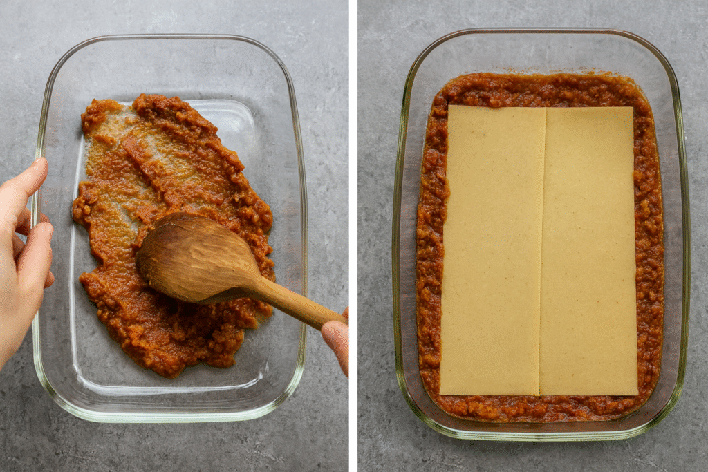 Spread ragu in baking dish 