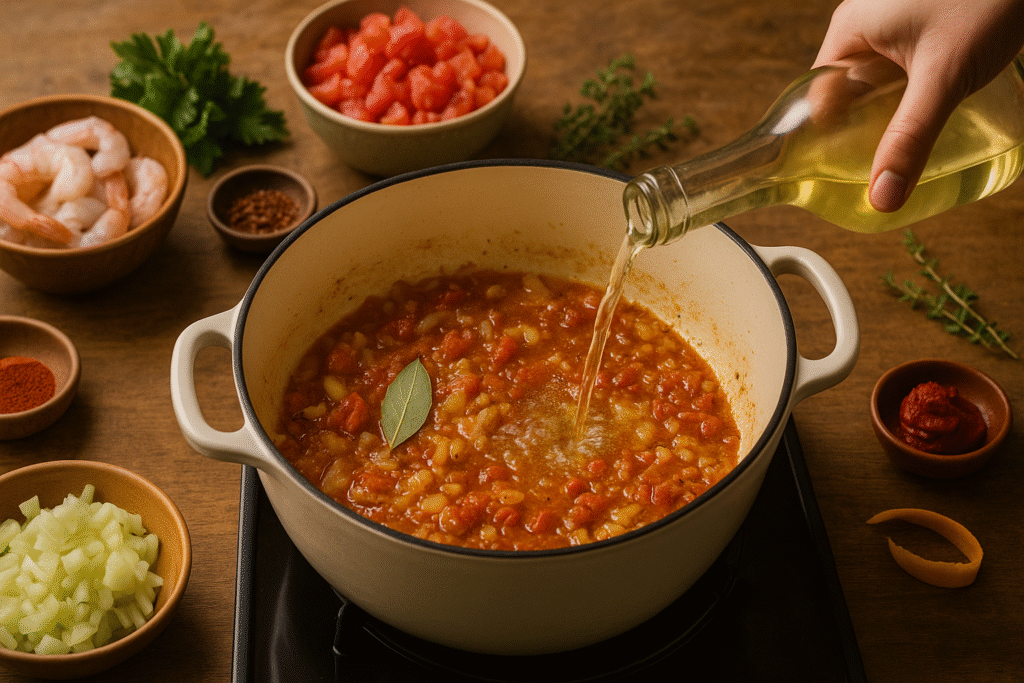Add in garlic, thyme, bay leaf, and tomato paste to the pot
