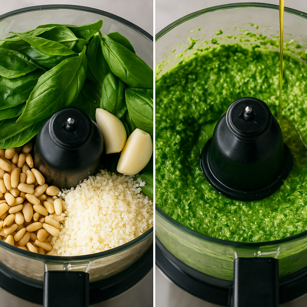 Blend basil, pine nuts, parmesan 