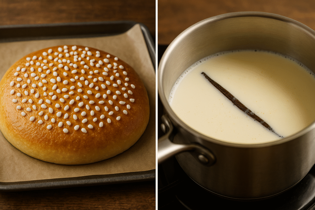 Heat milk with vanilla 