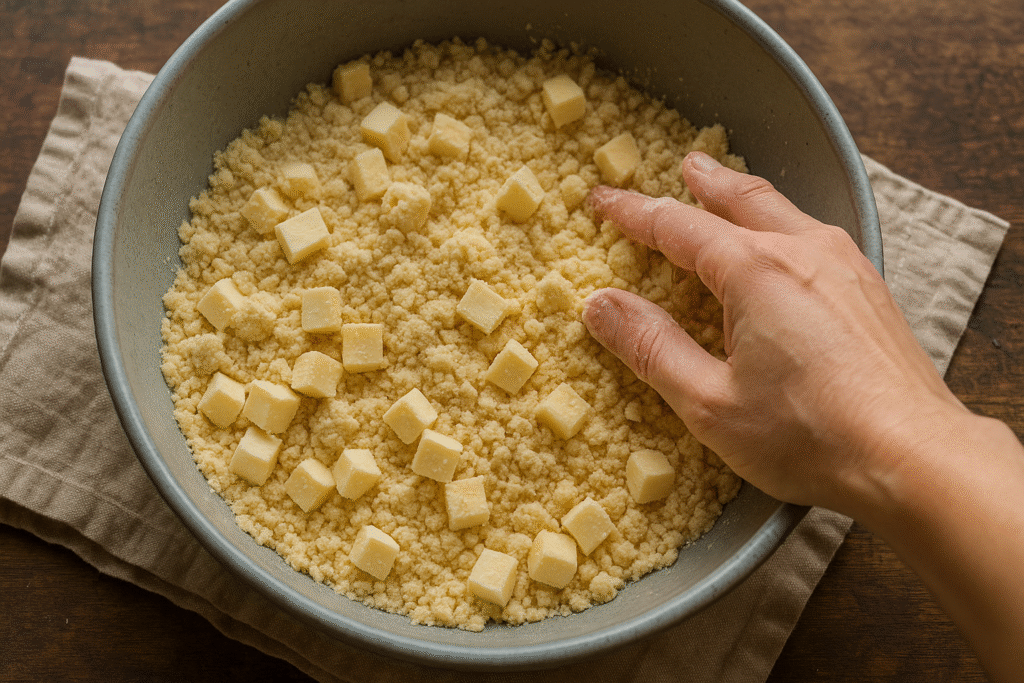 Mix butter cubes in dough