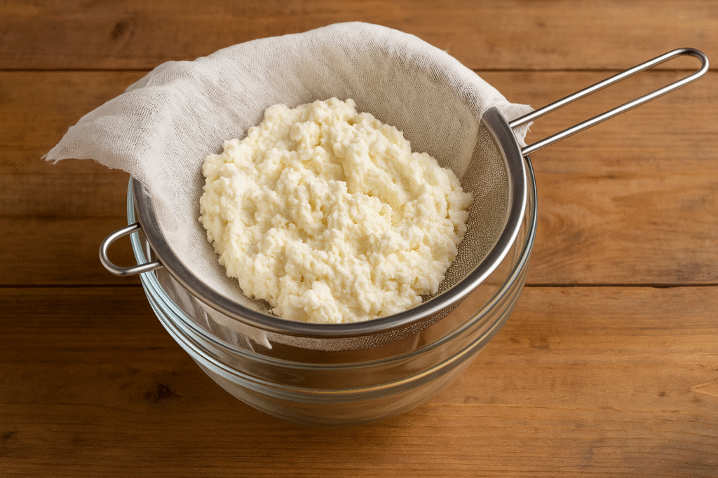 Area in ricotta in cheesecloth coated sieve