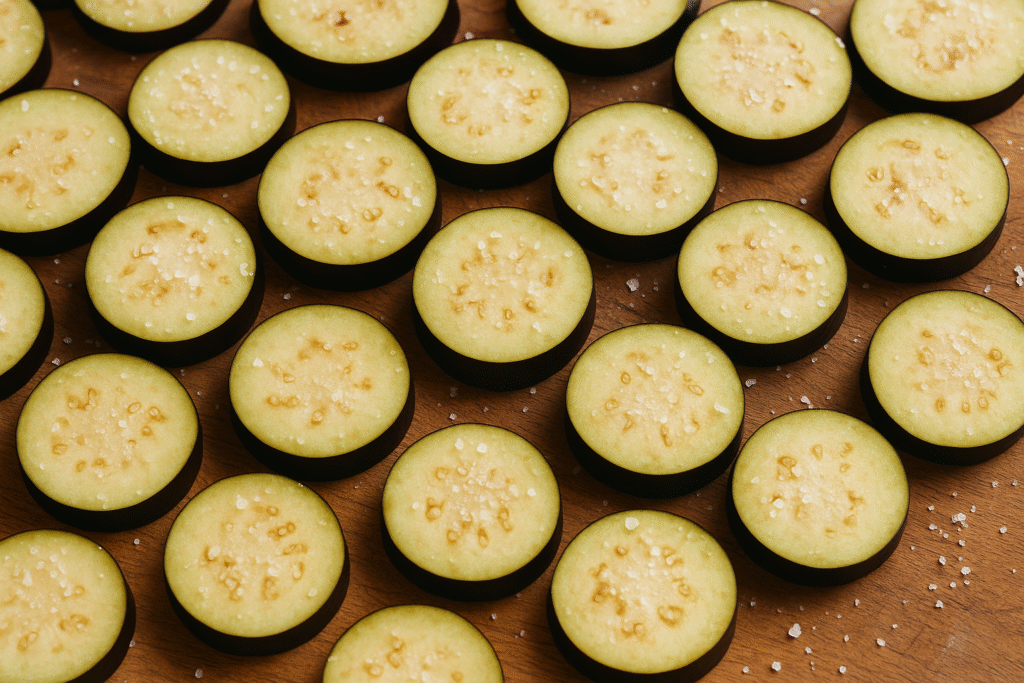 Cut eggplants round and sprinkle salt 