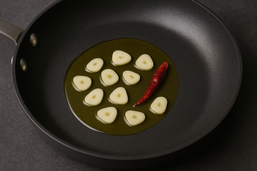 Heat garlic cloves and chili 