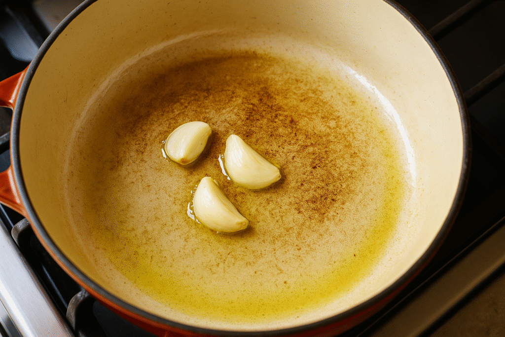 Smash garlic cloves and sauté 