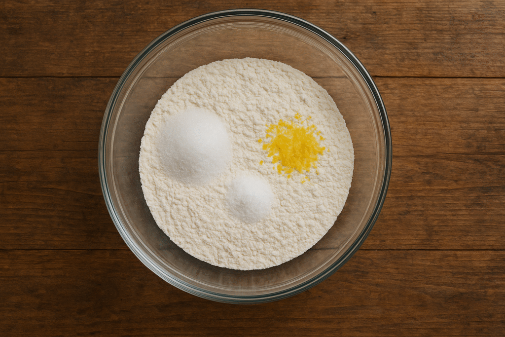 Add flour, sugar, salt, and lemon zest in mixer 