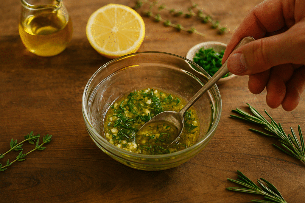 blend olive oil, minced garlic, rosemary, thyme, lemon zest, and lemon juice.