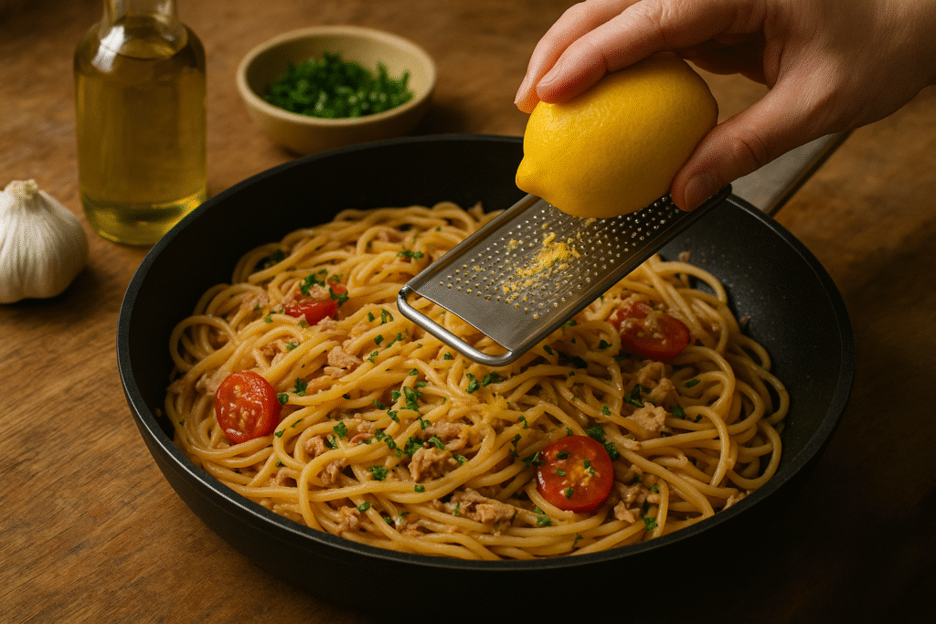 Mix sauce and grate lemon zest