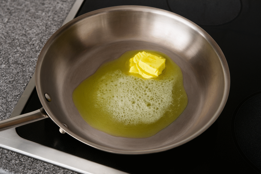 Warm olive oil and butter in saucepan