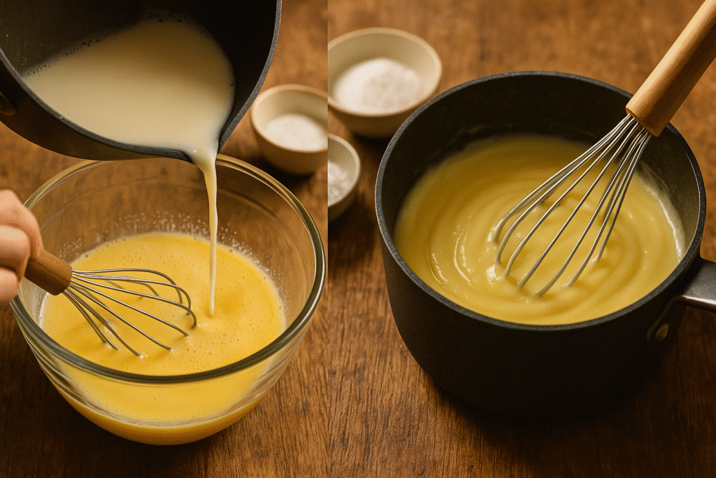 Pour milk in the egg mixture 