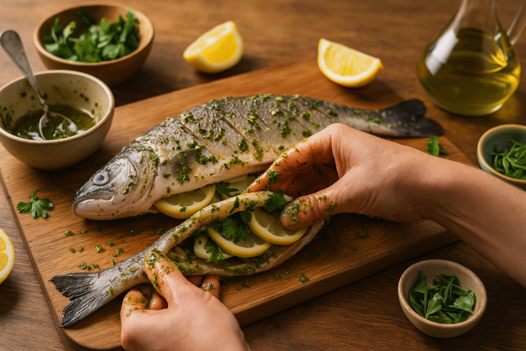Stuff lemon slices and herbs 