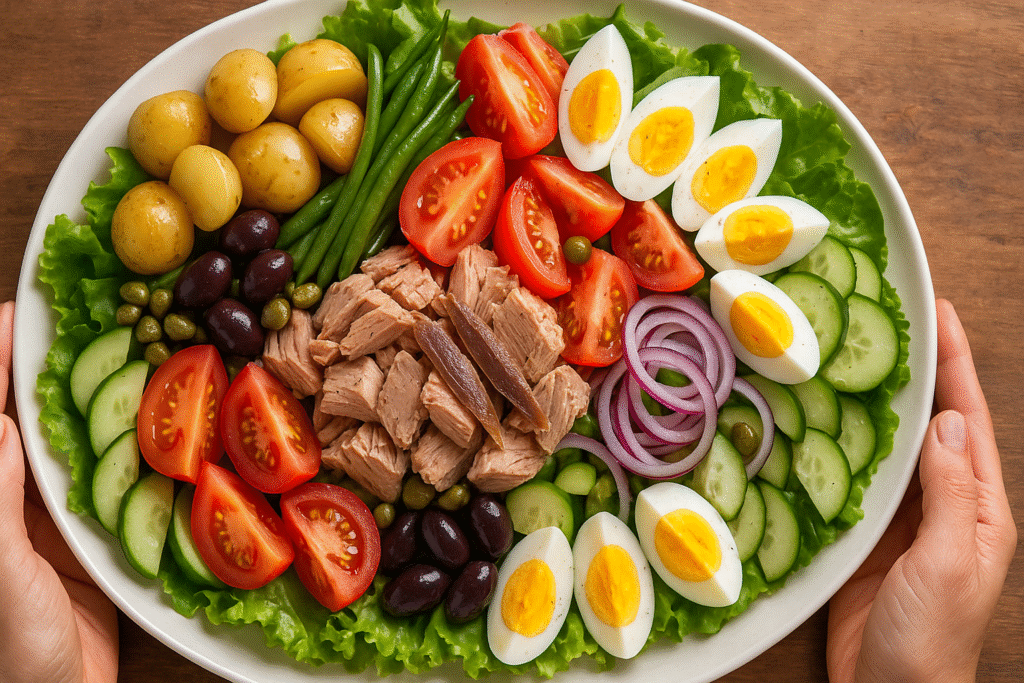 Add boiled potatoes, green beans, tomatoes, cucumber, onion, and
olives.