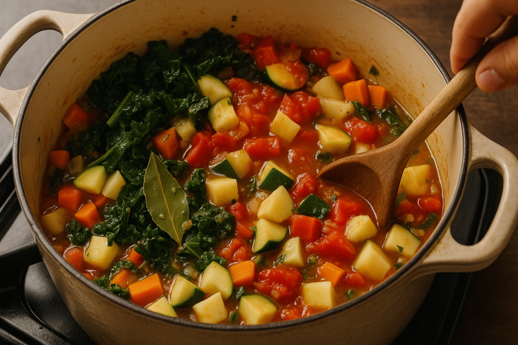 Add zucchini ,diced potatoes, bay leaf and thymes