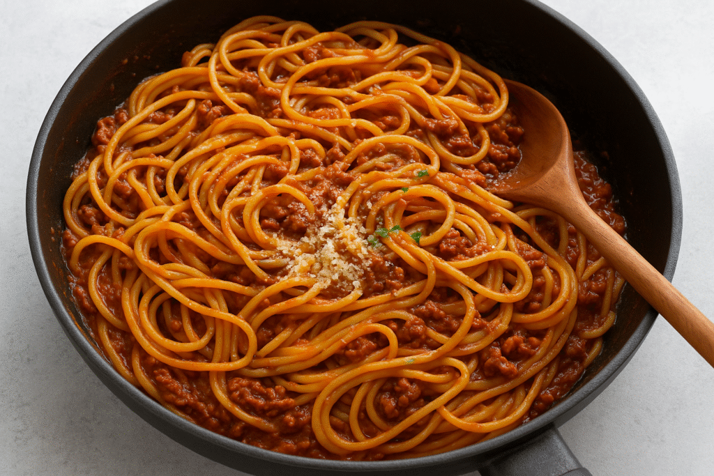 Toss and cook spaghetti by adding ingredients 