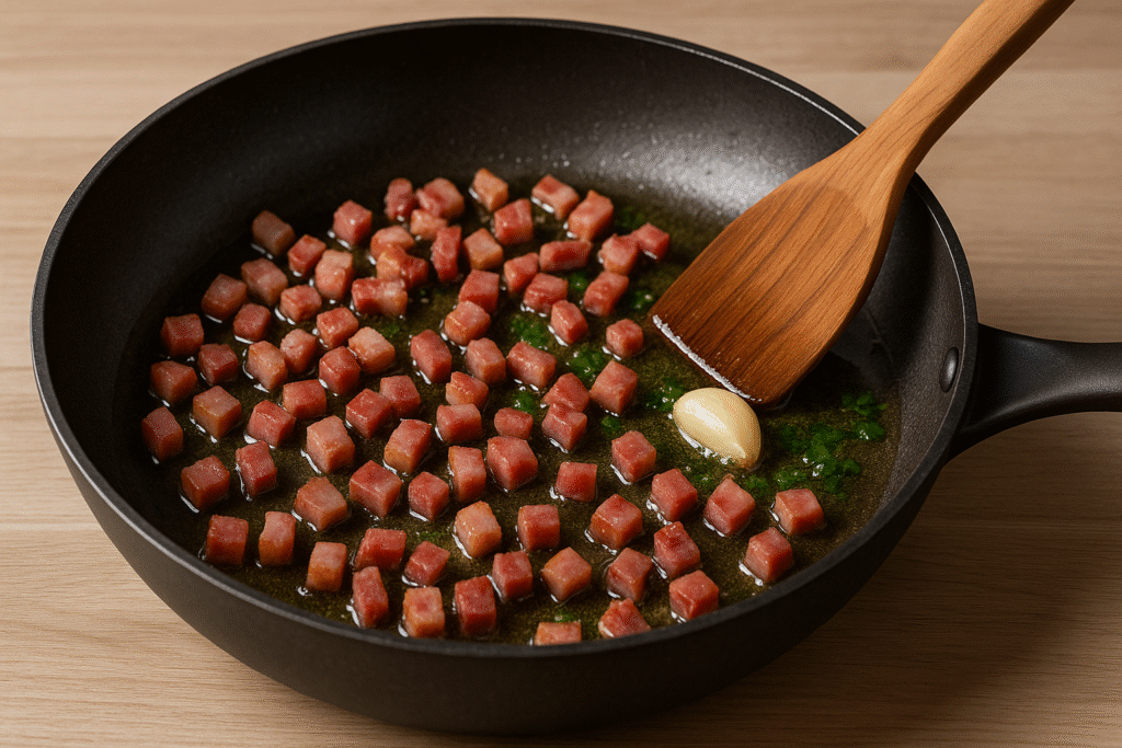 Add guanciale or pancetta to the pan
