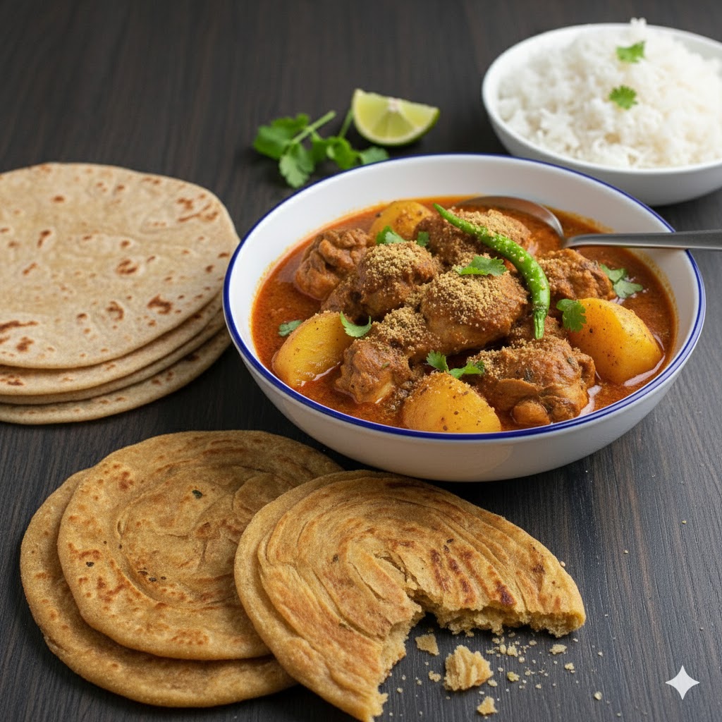 Roti rice with bengali chicken curry murgir jhol
