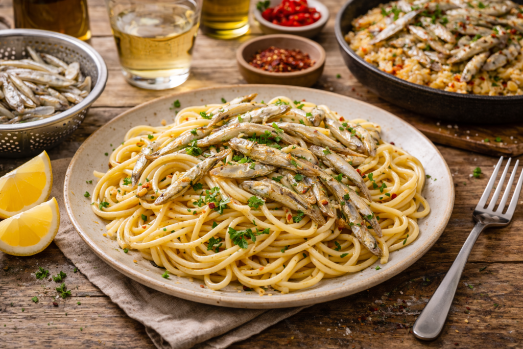 Whitebait in Pasta