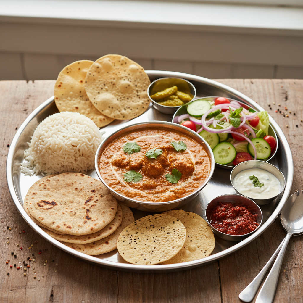chicken masala with rice, roti, add fresh salads, pickles, papad