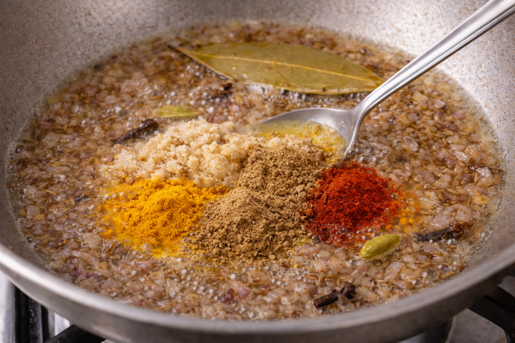 masala in the sauted onion for chicken masala