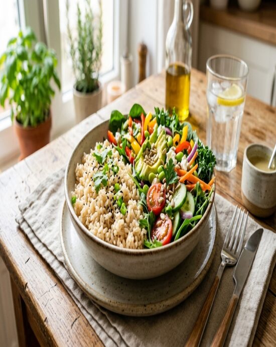 Rice With Salad Preparation