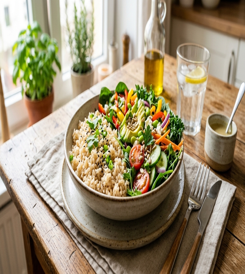 Rice With Salad Preparation